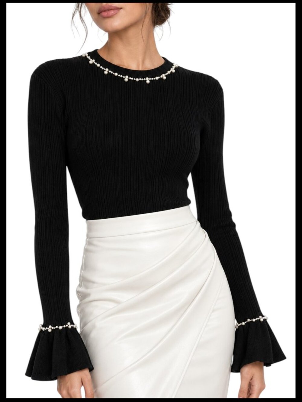 Commense Black Ribbed Knit Top Pearl Beaded Bell Sleeve Size L